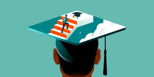 A person wearing a graduation cap, inside is a person climbing stairs to a graduation cap and diploma