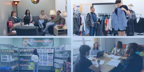 four photos of college students working