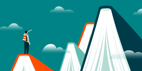 A person standing on a book and looking at books that resemble mountains