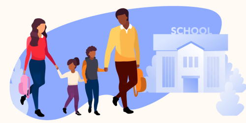 family walking to a school